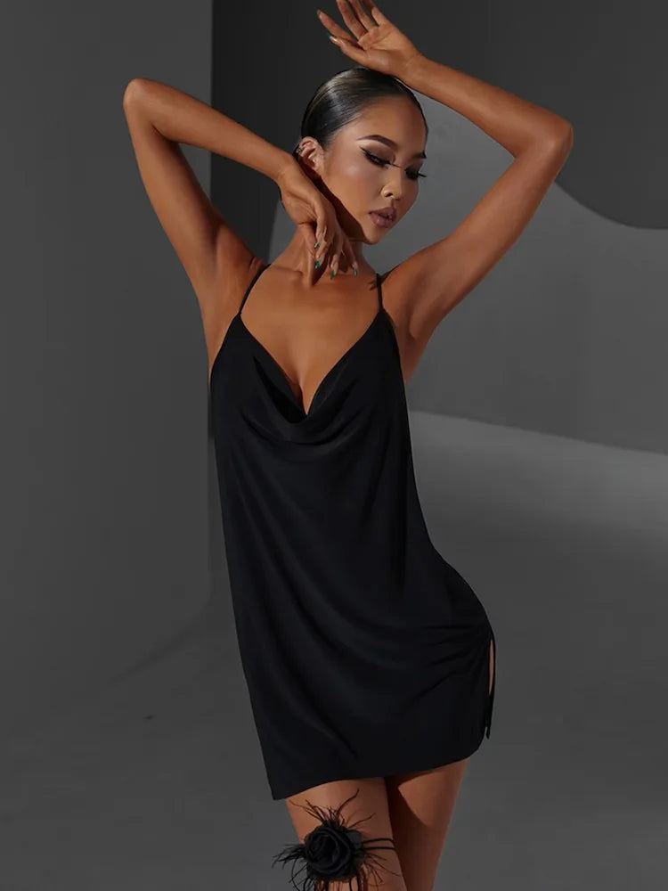 ZYMdancestyle Latest Women Latin Dancing Mini Dress Black Pink White Cross Open Back View Dress #2337
