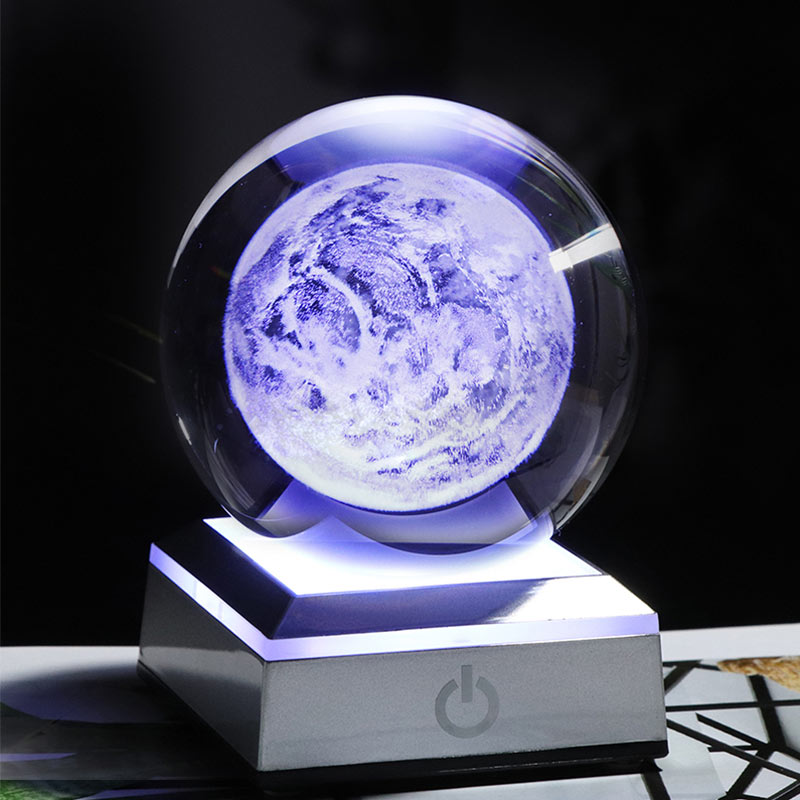 New 80mm K9 Crystal Solar System Planet Globe 3D Laser Engraved Sun System Ball with Touch Switch LED Light Base Astronomy Gifts
