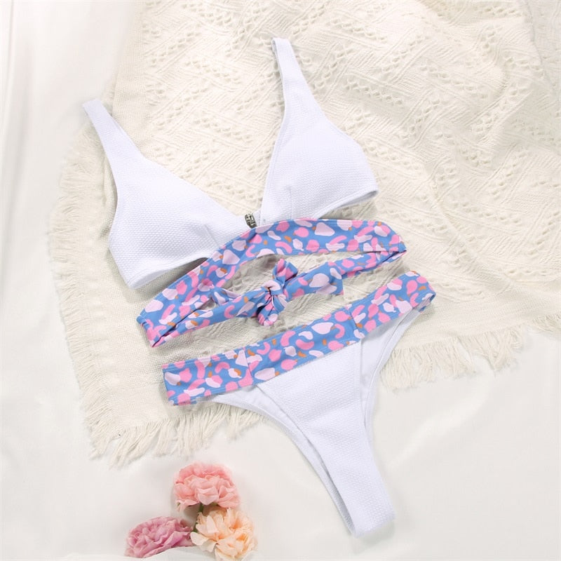Zrtak Floral Bikinis 2022 Sexy Bandage Swimwear Women Elegant Biquini Plaid Swimsuit Female String Bikini Set White Beachwear