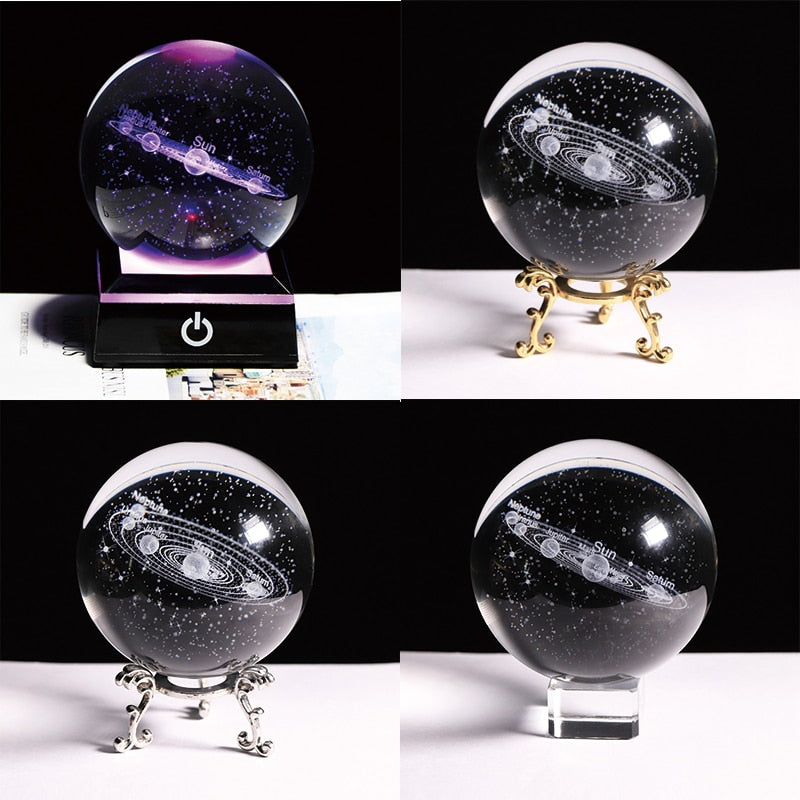 New 80mm K9 Crystal Solar System Planet Globe 3D Laser Engraved Sun System Ball with Touch Switch LED Light Base Astronomy Gifts