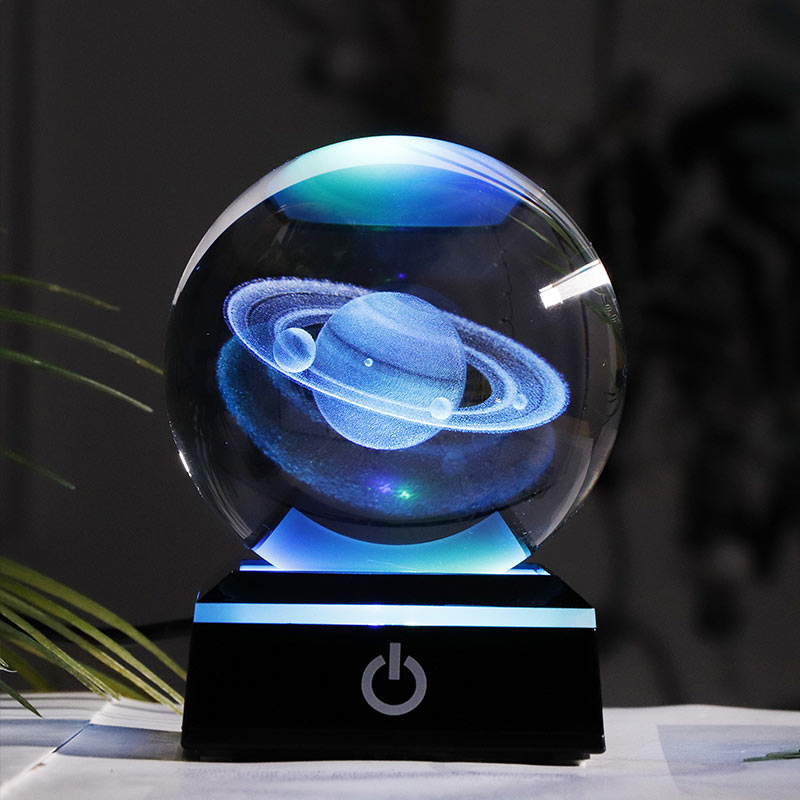 New 80mm K9 Crystal Solar System Planet Globe 3D Laser Engraved Sun System Ball with Touch Switch LED Light Base Astronomy Gifts