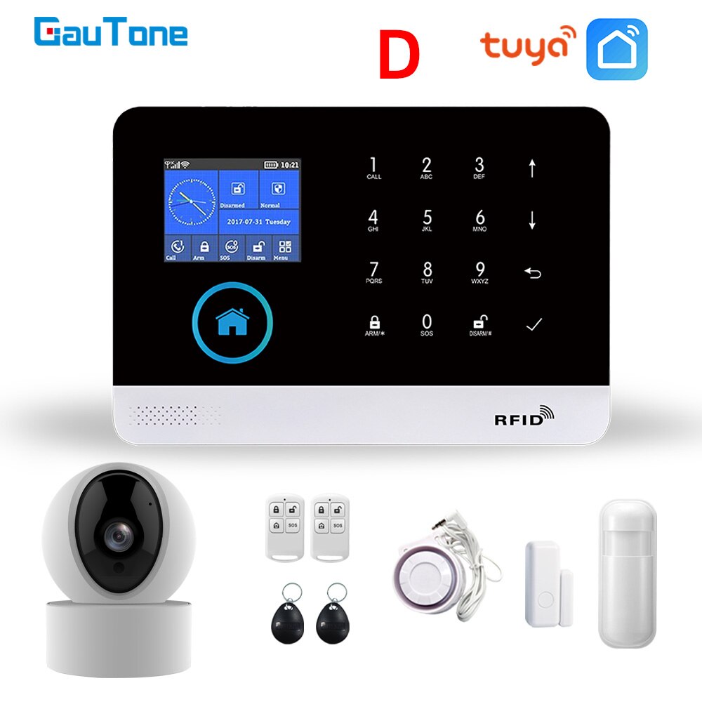 GauTone WiFi GSM Alarm System Tuya Smart Life App Control for Home Security with IP Camera RFID Card Security Alarm Smart House