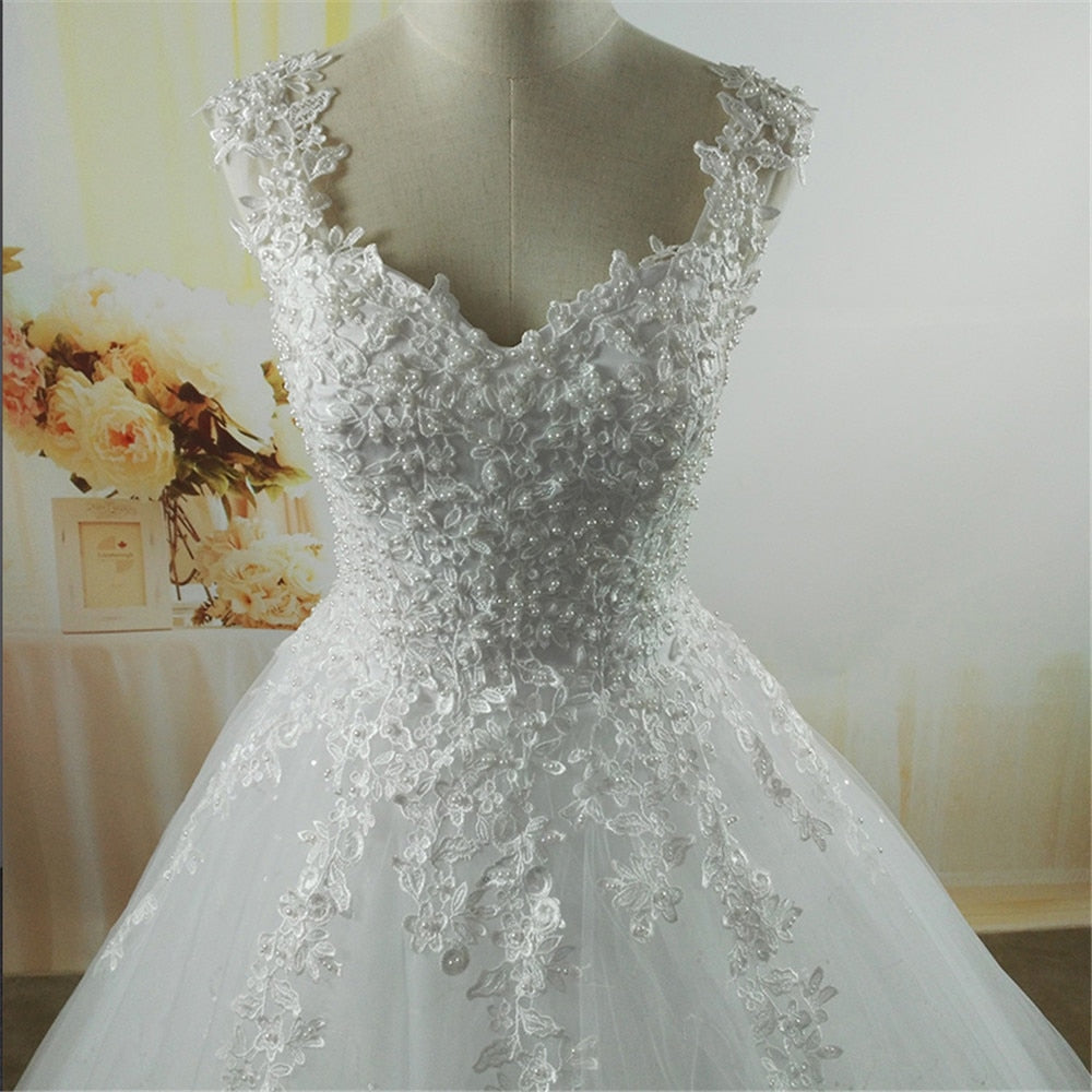 ZJ9076-C White Ivory pearls Wedding Dresses with lace bottom for brides dress plus size 2-26W