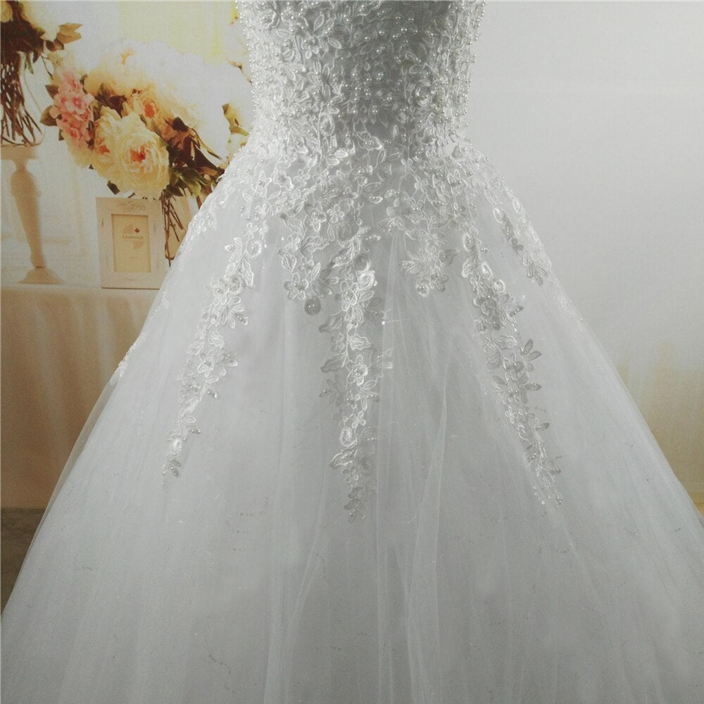 ZJ9076-C White Ivory pearls Wedding Dresses with lace bottom for brides dress plus size 2-26W