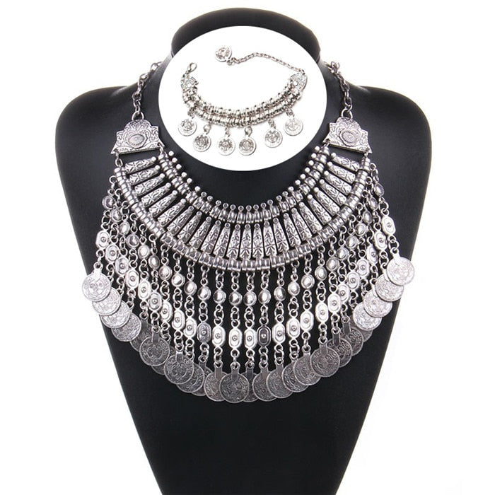 Ztech Boho Antique Coin Necklace for Women African Statement Tibetan Long Tassel Necklaces & Pendant Bohemian Maxi Jewelry Women
