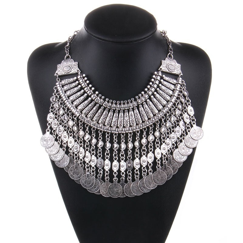 Ztech Boho Antique Coin Necklace for Women African Statement Tibetan Long Tassel Necklaces & Pendant Bohemian Maxi Jewelry Women