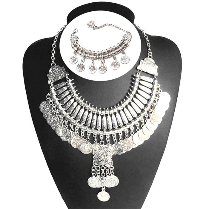 Ztech Boho Antique Coin Necklace for Women African Statement Tibetan Long Tassel Necklaces & Pendant Bohemian Maxi Jewelry Women