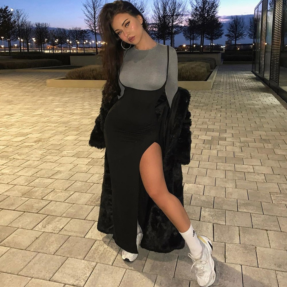 NEW JFB Sexy Black High Waisted A Line Suspender Skirts Womens Spring Summer 2020 Women High Split Long Maxi Skirt C83-BZ23