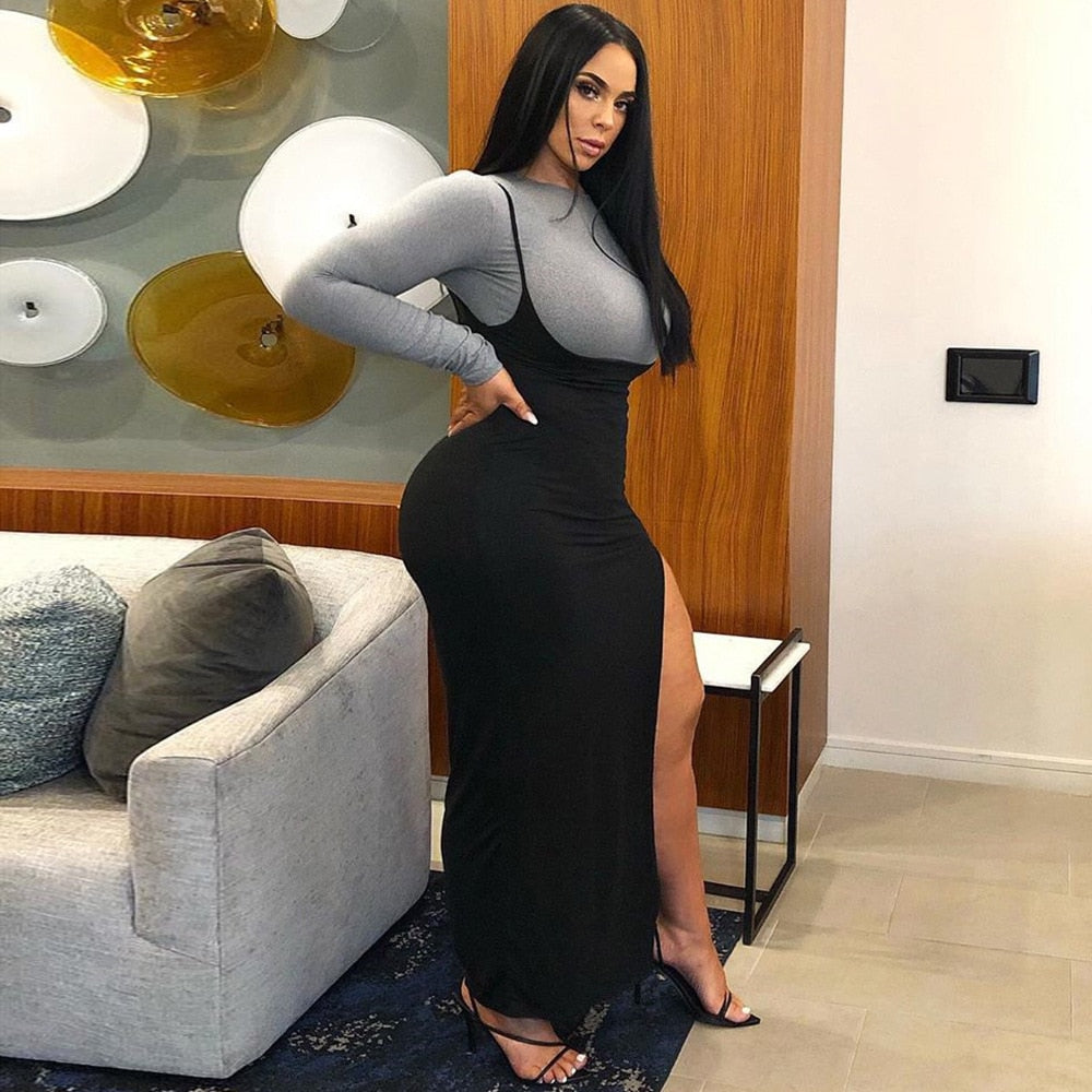 NEW JFB Sexy Black High Waisted A Line Suspender Skirts Womens Spring Summer 2020 Women High Split Long Maxi Skirt C83-BZ23