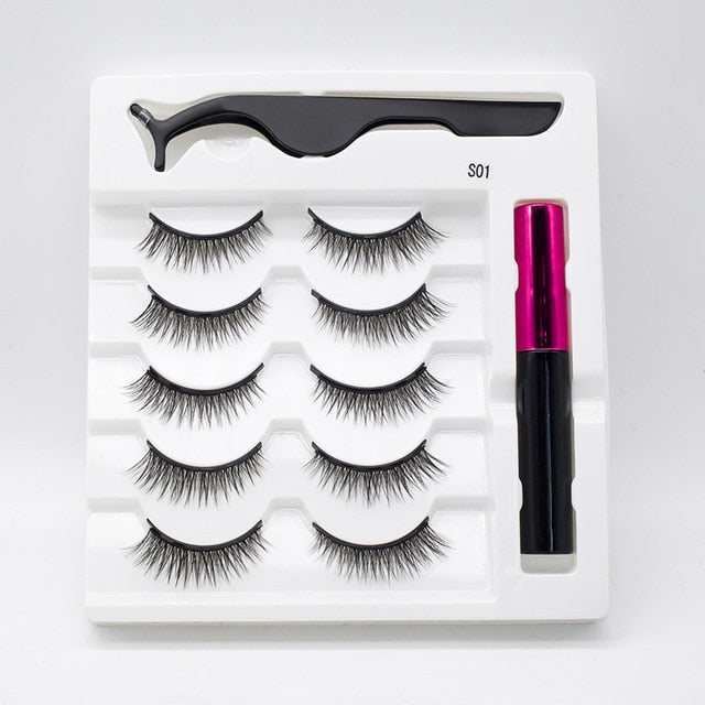 5 Pairs/Set Magnetic Eyelashes False Lashes Repeated Use Eyelashes Waterproof Liquid Eyeliner With Tweezer Makeup Set