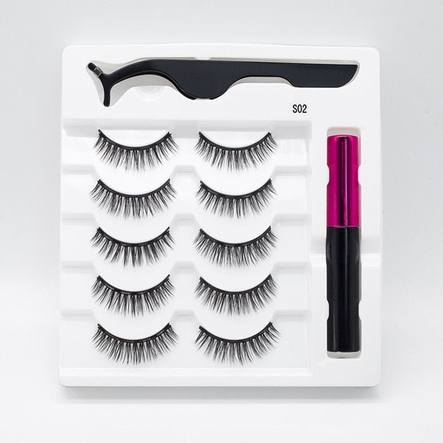 5 Pairs/Set Magnetic Eyelashes False Lashes Repeated Use Eyelashes Waterproof Liquid Eyeliner With Tweezer Makeup Set
