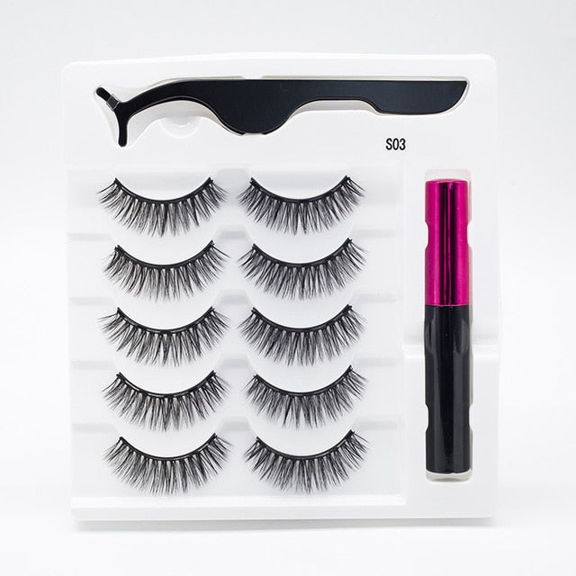 5 Pairs/Set Magnetic Eyelashes False Lashes Repeated Use Eyelashes Waterproof Liquid Eyeliner With Tweezer Makeup Set