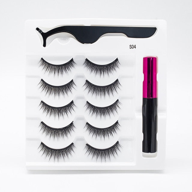 5 Pairs/Set Magnetic Eyelashes False Lashes Repeated Use Eyelashes Waterproof Liquid Eyeliner With Tweezer Makeup Set