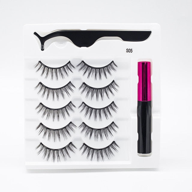 5 Pairs/Set Magnetic Eyelashes False Lashes Repeated Use Eyelashes Waterproof Liquid Eyeliner With Tweezer Makeup Set