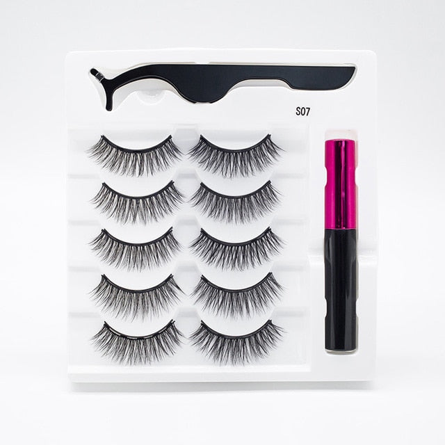 5 Pairs/Set Magnetic Eyelashes False Lashes Repeated Use Eyelashes Waterproof Liquid Eyeliner With Tweezer Makeup Set