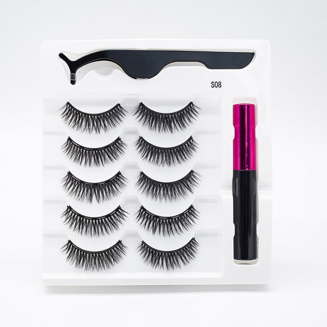 5 Pairs/Set Magnetic Eyelashes False Lashes Repeated Use Eyelashes Waterproof Liquid Eyeliner With Tweezer Makeup Set