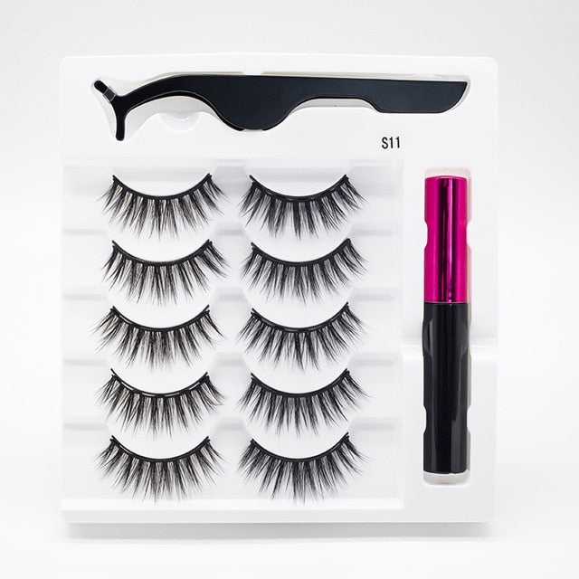 5 Pairs/Set Magnetic Eyelashes False Lashes Repeated Use Eyelashes Waterproof Liquid Eyeliner With Tweezer Makeup Set