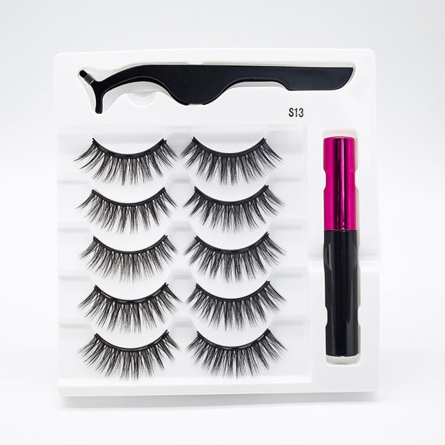 5 Pairs/Set Magnetic Eyelashes False Lashes Repeated Use Eyelashes Waterproof Liquid Eyeliner With Tweezer Makeup Set