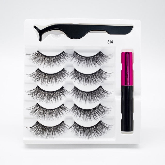 5 Pairs/Set Magnetic Eyelashes False Lashes Repeated Use Eyelashes Waterproof Liquid Eyeliner With Tweezer Makeup Set