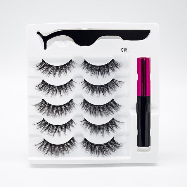 5 Pairs/Set Magnetic Eyelashes False Lashes Repeated Use Eyelashes Waterproof Liquid Eyeliner With Tweezer Makeup Set
