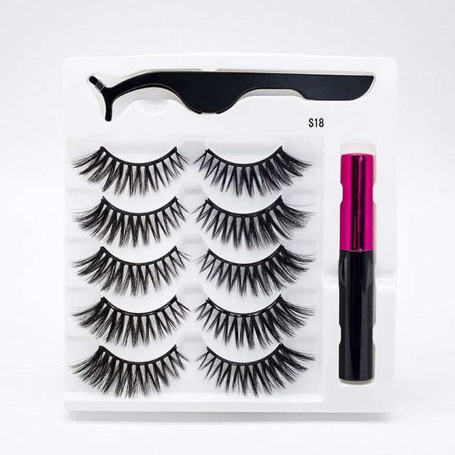 5 Pairs/Set Magnetic Eyelashes False Lashes Repeated Use Eyelashes Waterproof Liquid Eyeliner With Tweezer Makeup Set