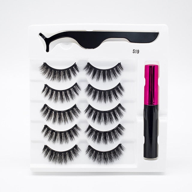 5 Pairs/Set Magnetic Eyelashes False Lashes Repeated Use Eyelashes Waterproof Liquid Eyeliner With Tweezer Makeup Set