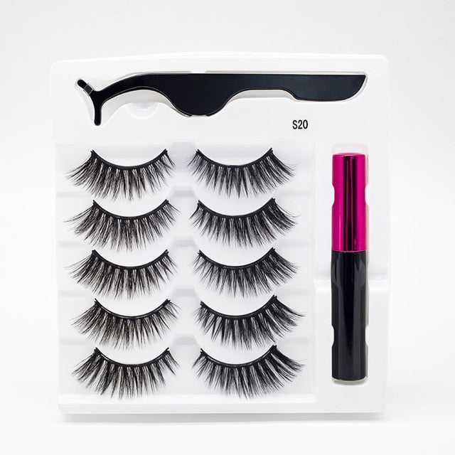 5 Pairs/Set Magnetic Eyelashes False Lashes Repeated Use Eyelashes Waterproof Liquid Eyeliner With Tweezer Makeup Set