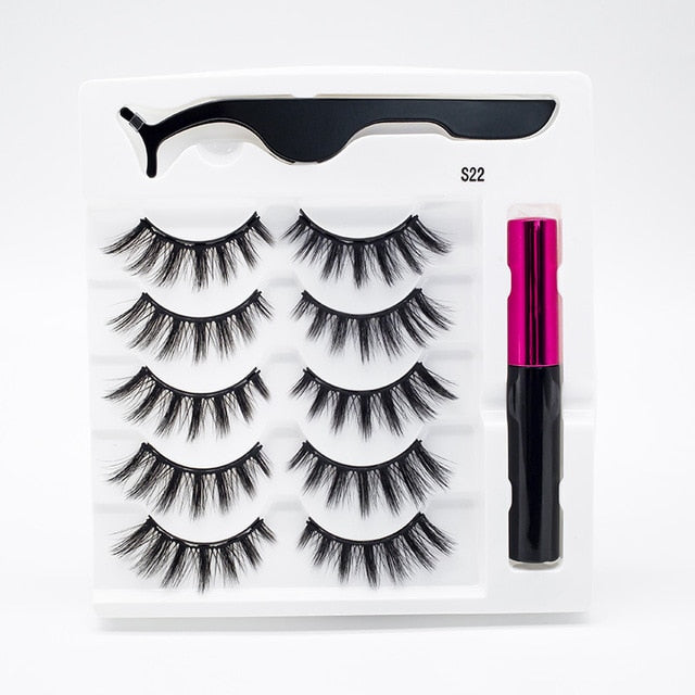 5 Pairs/Set Magnetic Eyelashes False Lashes Repeated Use Eyelashes Waterproof Liquid Eyeliner With Tweezer Makeup Set