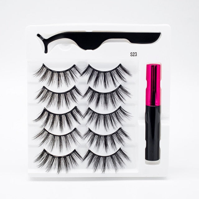 5 Pairs/Set Magnetic Eyelashes False Lashes Repeated Use Eyelashes Waterproof Liquid Eyeliner With Tweezer Makeup Set