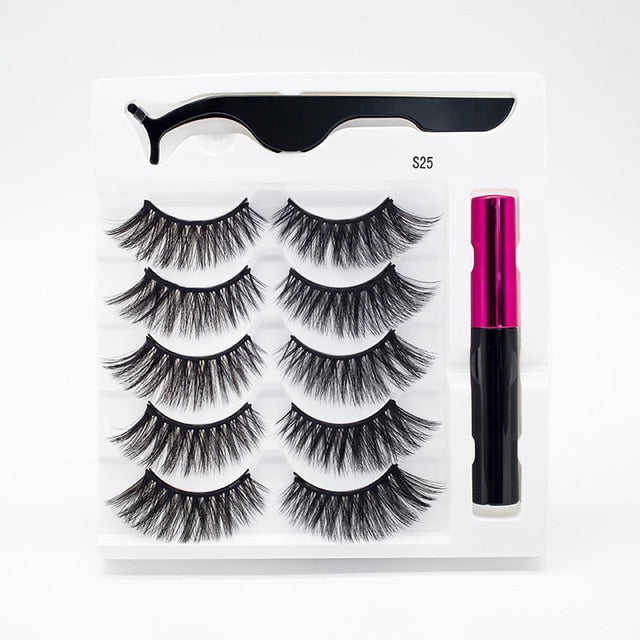 5 Pairs/Set Magnetic Eyelashes False Lashes Repeated Use Eyelashes Waterproof Liquid Eyeliner With Tweezer Makeup Set