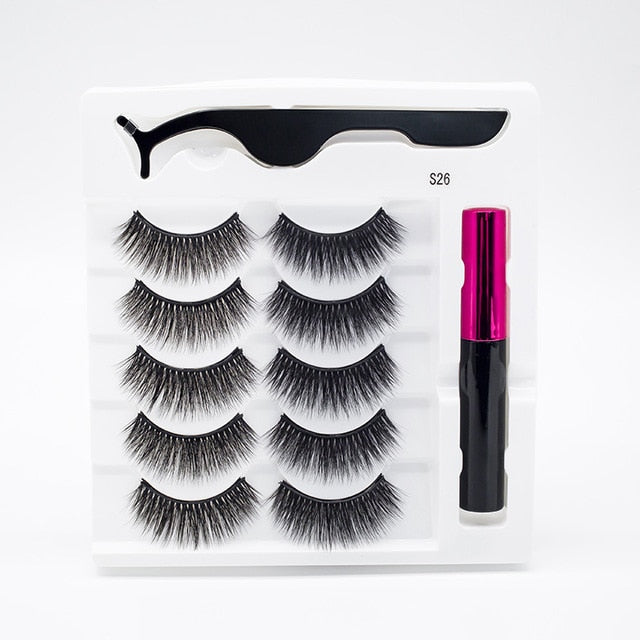 5 Pairs/Set Magnetic Eyelashes False Lashes Repeated Use Eyelashes Waterproof Liquid Eyeliner With Tweezer Makeup Set