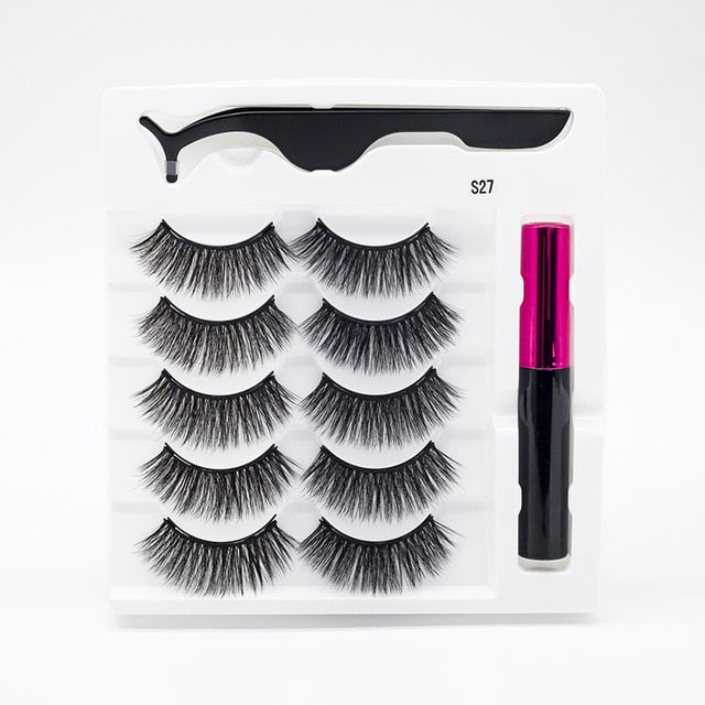 5 Pairs/Set Magnetic Eyelashes False Lashes Repeated Use Eyelashes Waterproof Liquid Eyeliner With Tweezer Makeup Set