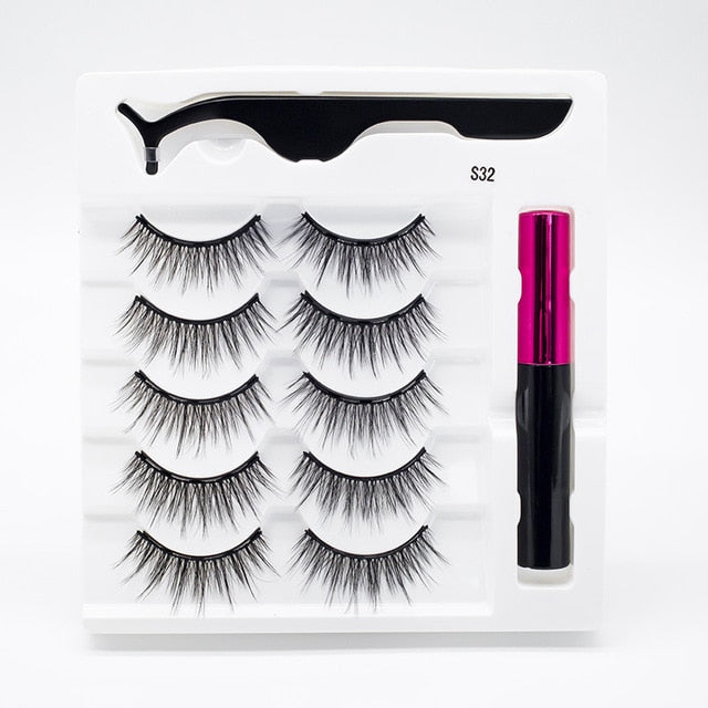 5 Pairs/Set Magnetic Eyelashes False Lashes Repeated Use Eyelashes Waterproof Liquid Eyeliner With Tweezer Makeup Set