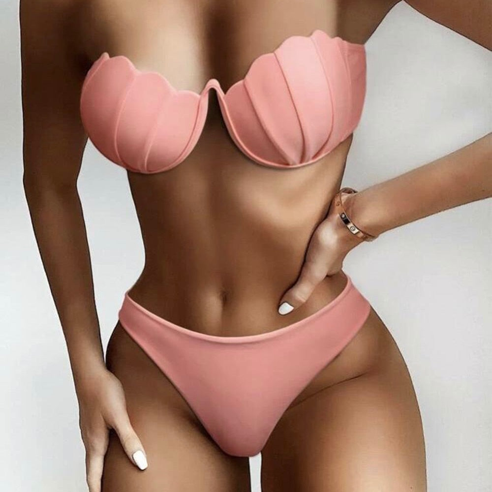 ZTVitality Shell Solid Bikinis Hard Pack Underwire Sexy Bikini 2021 New Arrival Strapless Mid Waist Swimsuit Pink Swimwear Women