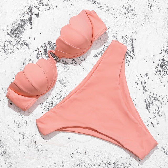 ZTVitality Shell Solid Bikinis Hard Pack Underwire Sexy Bikini 2021 New Arrival Strapless Mid Waist Swimsuit Pink Swimwear Women