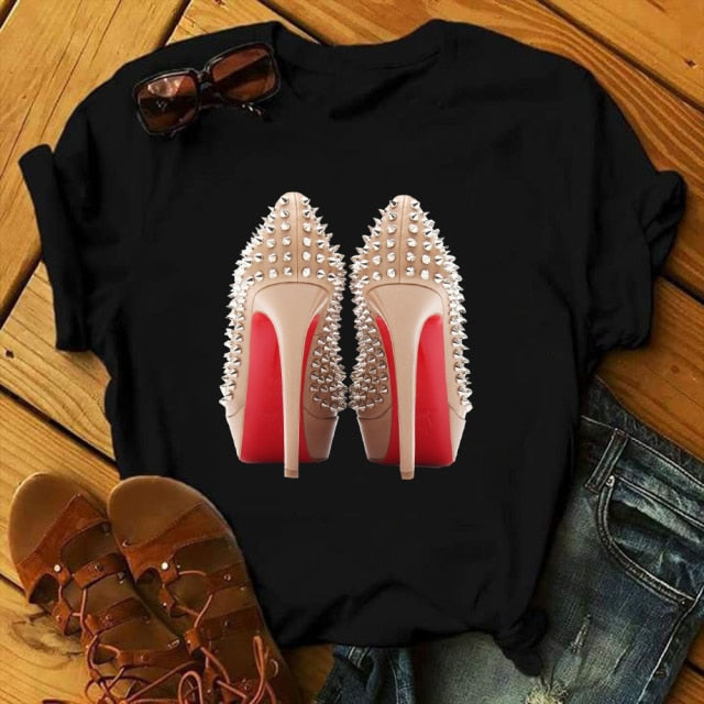 ZOGANKIN Womens Black T-Shirt Summer New Fashion Leopard High Heel Short Sleeve Print Clothes Ladies Graphic Tops Female Clothes