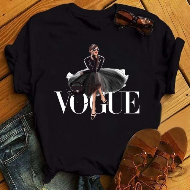 ZOGANKIN Womens Black T-Shirt Summer New Fashion Leopard High Heel Short Sleeve Print Clothes Ladies Graphic Tops Female Clothes
