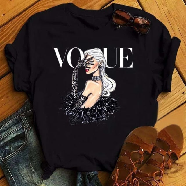 ZOGANKIN Womens Black T-Shirt Summer New Fashion Leopard High Heel Short Sleeve Print Clothes Ladies Graphic Tops Female Clothes