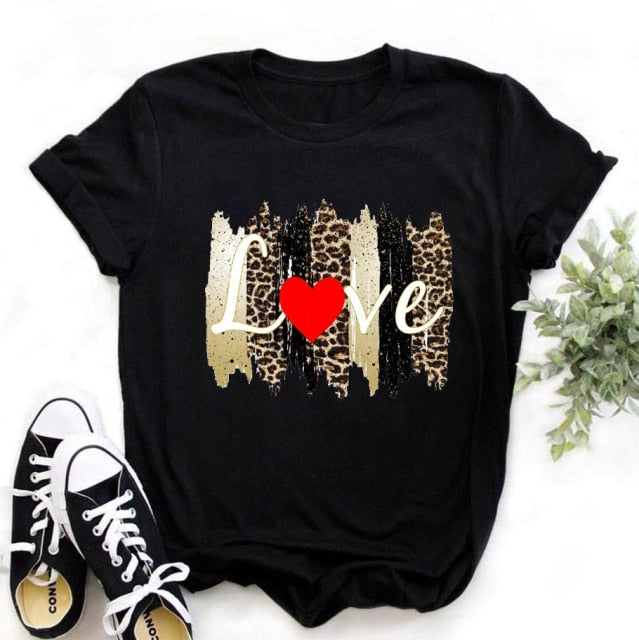 ZOGANKIN Womens Black T-Shirt Summer New Fashion Leopard High Heel Short Sleeve Print Clothes Ladies Graphic Tops Female Clothes