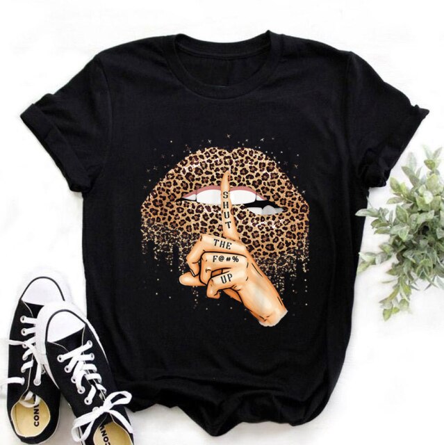 ZOGANKIN Womens Black T-Shirt Summer New Fashion Leopard High Heel Short Sleeve Print Clothes Ladies Graphic Tops Female Clothes
