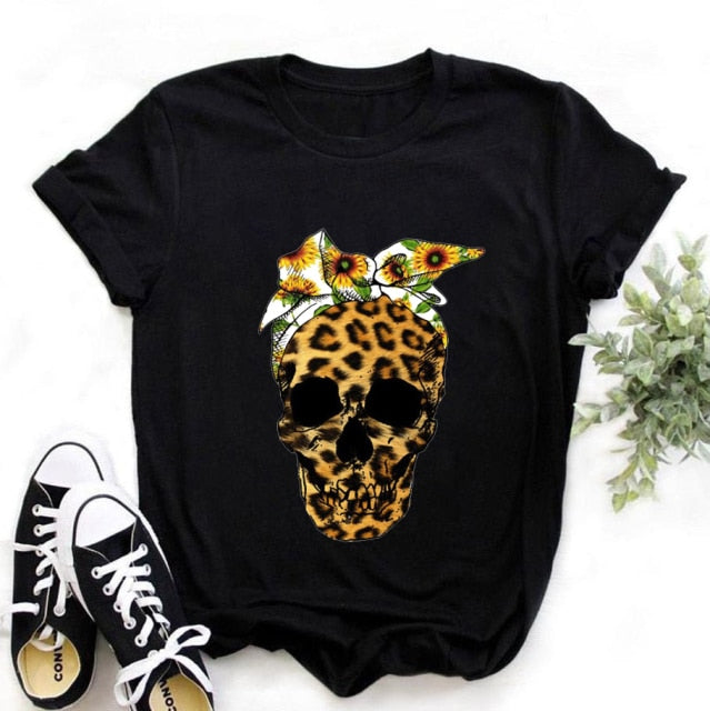 ZOGANKIN Womens Black T-Shirt Summer New Fashion Leopard High Heel Short Sleeve Print Clothes Ladies Graphic Tops Female Clothes