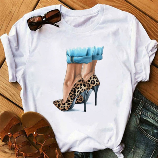 ZOGANKIN Womens Black T-Shirt Summer New Fashion Leopard High Heel Short Sleeve Print Clothes Ladies Graphic Tops Female Clothes