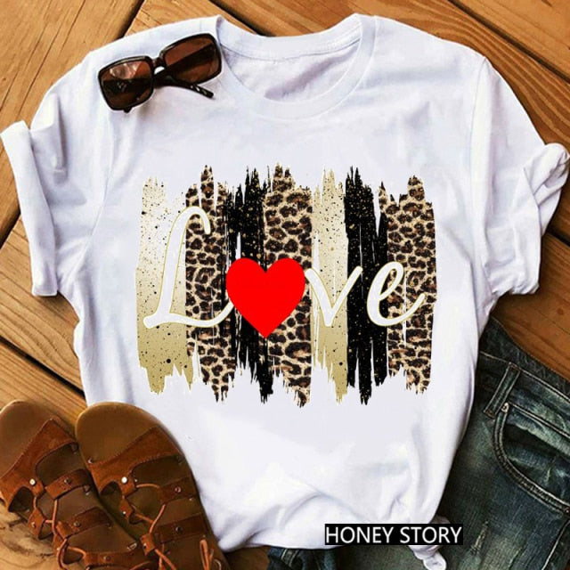 ZOGANKIN Womens Black T-Shirt Summer New Fashion Leopard High Heel Short Sleeve Print Clothes Ladies Graphic Tops Female Clothes