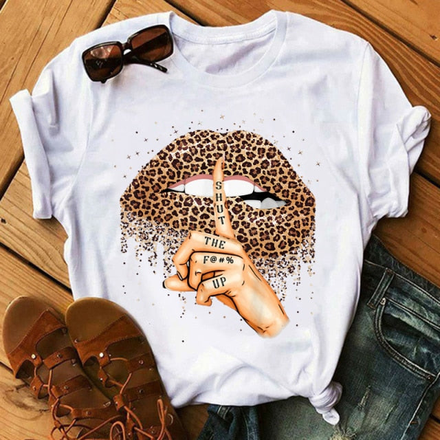 ZOGANKIN Womens Black T-Shirt Summer New Fashion Leopard High Heel Short Sleeve Print Clothes Ladies Graphic Tops Female Clothes