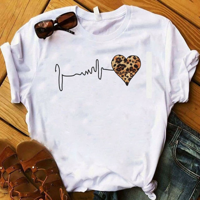 ZOGANKIN Womens Black T-Shirt Summer New Fashion Leopard High Heel Short Sleeve Print Clothes Ladies Graphic Tops Female Clothes
