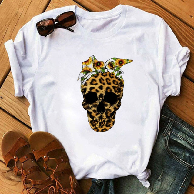 ZOGANKIN Womens Black T-Shirt Summer New Fashion Leopard High Heel Short Sleeve Print Clothes Ladies Graphic Tops Female Clothes