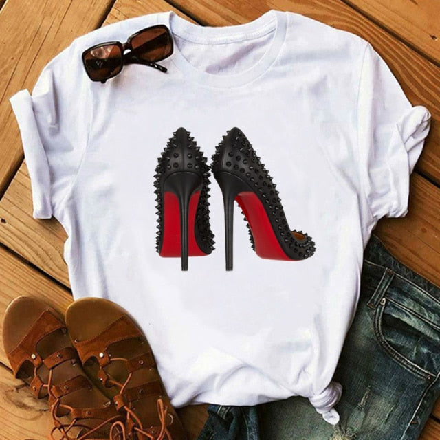 ZOGANKIN Womens Black T-Shirt Summer New Fashion Leopard High Heel Short Sleeve Print Clothes Ladies Graphic Tops Female Clothes