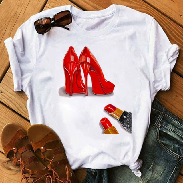 ZOGANKIN Womens Black T-Shirt Summer New Fashion Leopard High Heel Short Sleeve Print Clothes Ladies Graphic Tops Female Clothes