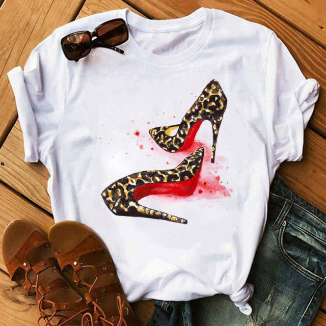 ZOGANKIN Womens Black T-Shirt Summer New Fashion Leopard High Heel Short Sleeve Print Clothes Ladies Graphic Tops Female Clothes