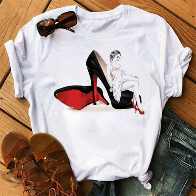 ZOGANKIN Womens Black T-Shirt Summer New Fashion Leopard High Heel Short Sleeve Print Clothes Ladies Graphic Tops Female Clothes